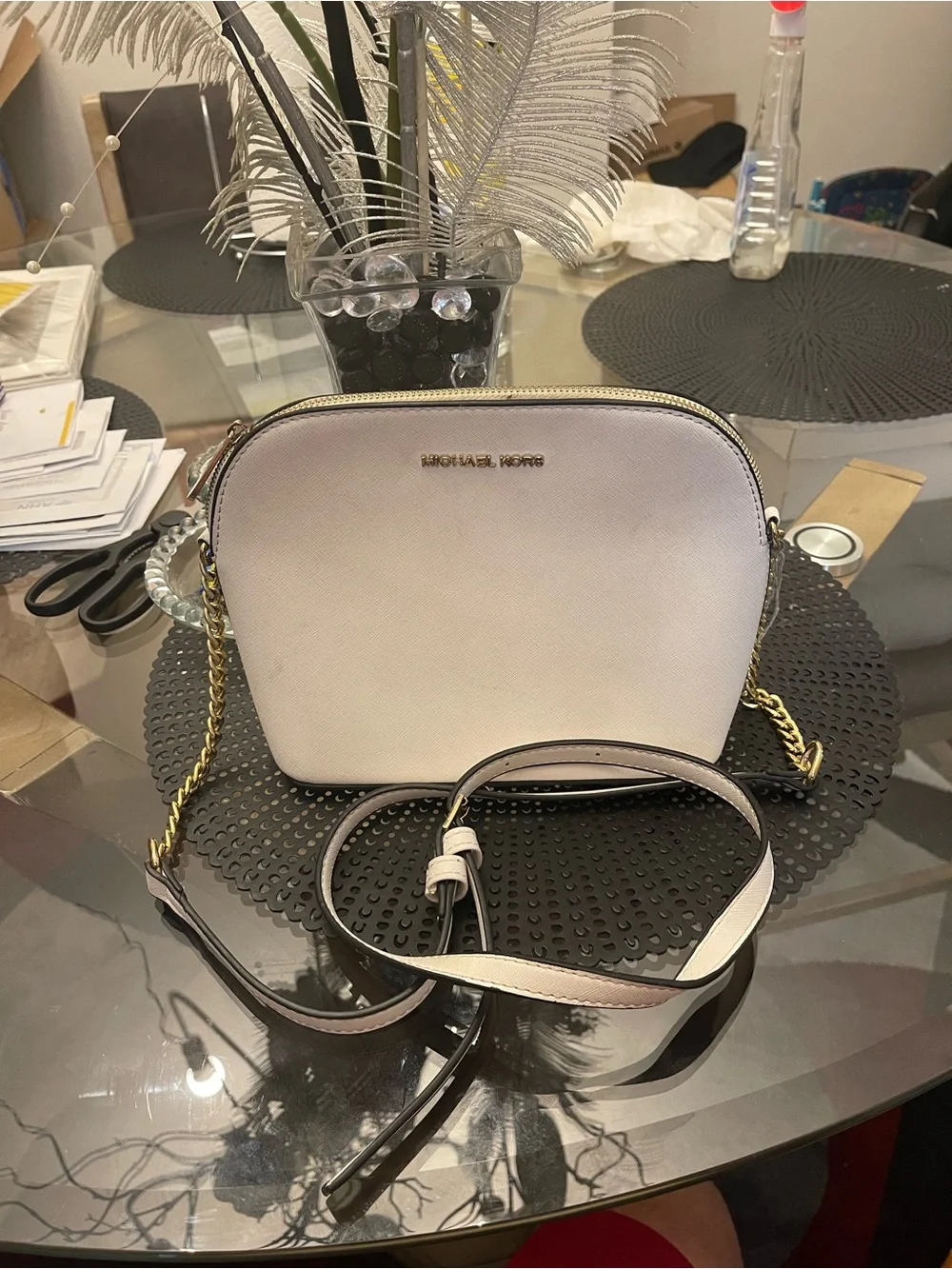 Michael Kors Cream-White Saffiano Crossbody Bag with Gold Chain